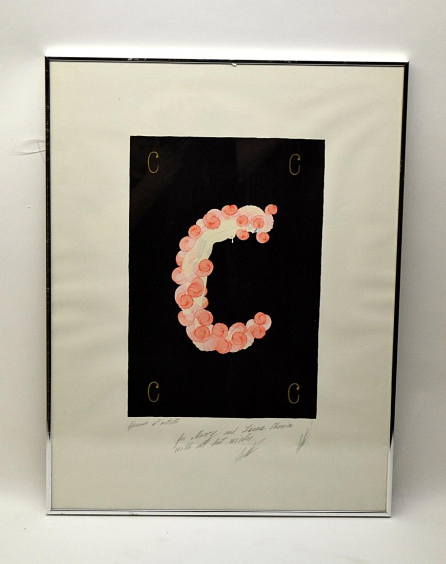 Screenprint by Erte: A framed and matted screenprint of a female inscribed to Marey and Leo'nd Chanin with all best wishes, signed Erte, lower right Good condition 10.5" x 15.5"