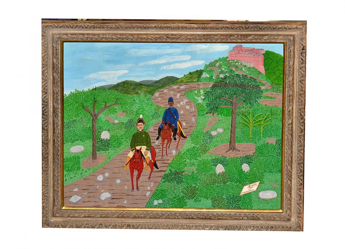 Philome Obin Oil on Masonite King Henri Christophe: 20th Century primitive style depiction of Haiti's King Henri Christophe and companion on horseback. Bears inscribed caption "Le Roi H. Christophe Revenant de la Citadelle." Signed at bottom right with