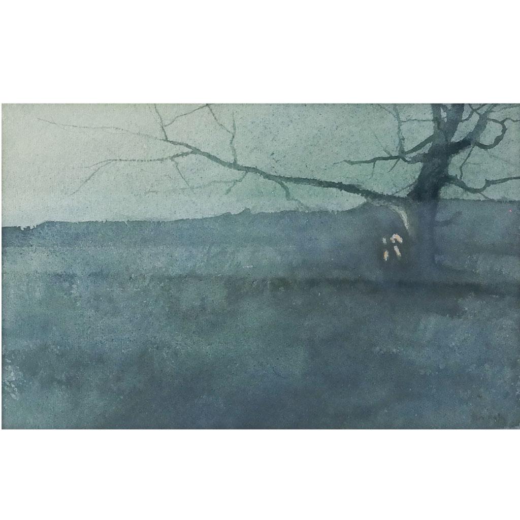 Thomas Aquinas DALY - "Coon Hunting": Thomas Aquinas Daly atmospheric watercolor of dusk in country setting. Heydenryk Frame titled to rear. Framed under glass. Signed, lower right. [Image; 5 3/4 x 8 3/4 inches; frame: 11 1/2 x 14 1/2 inc