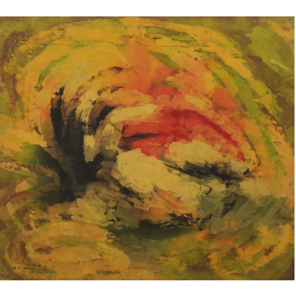 Hui Chu MAU: Abstract - Painting: Hui Chu Mau (Chinese, b. 1922) abstract work in ink and paint on fabric laid on masonite, signed lower left, inscribed verso. [Frame: 24" H x 26 3/4" W]. Some scuffs and abrasions, possibly by design;