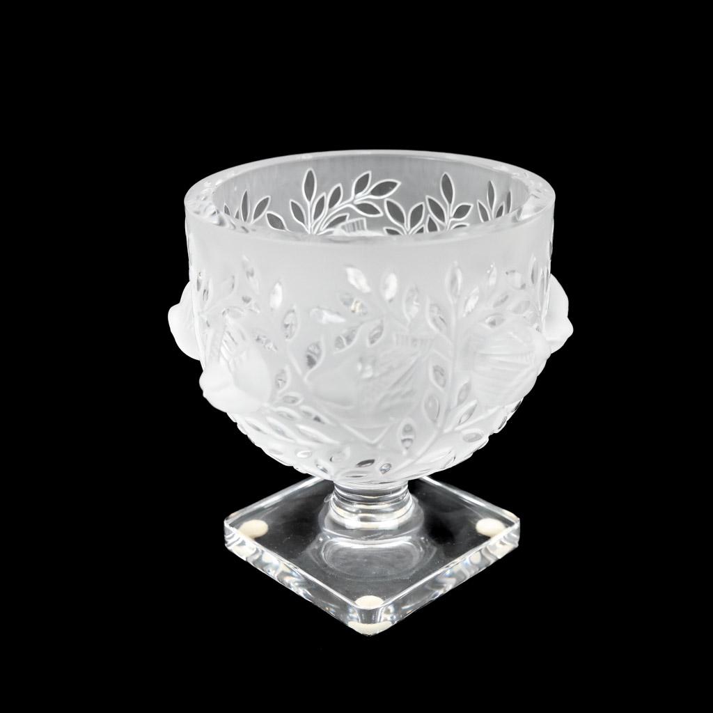 Lalique French "Elizabeth" Footed Vase: Lalique French glass "Elizabeth" footed vase with lovebird motifs among branches, bearing etched signature to base. [5 1/2" H x 5 1/2" Diam.]. Light abrasions; applied felt to base.