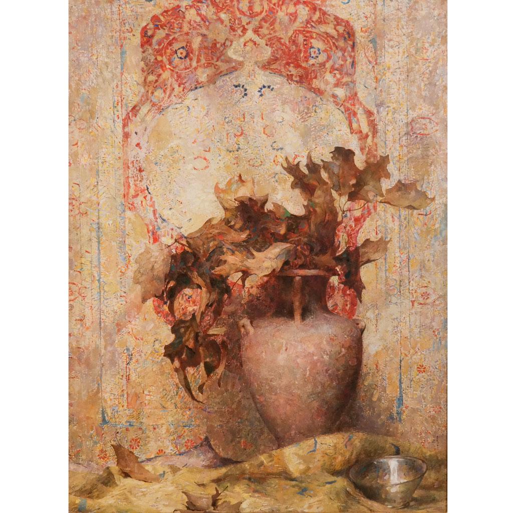 Attrib. Dorothy OCHTMAN: Still Life - Painting: Attributed to Dorothy Ochtman, an unusual Orientalist-style still life with amphora. The artist was represented by the Grand Central Art Galleries for much of her career. Unsigned. [Sight: 39" H x 29"