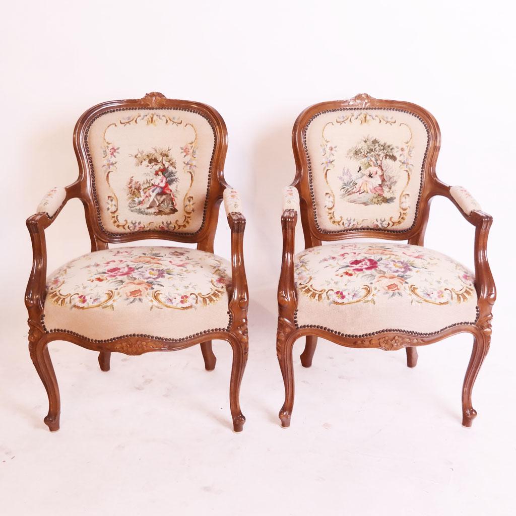 Pair of Carved French Needlepoint Armchairs (1 of 8)