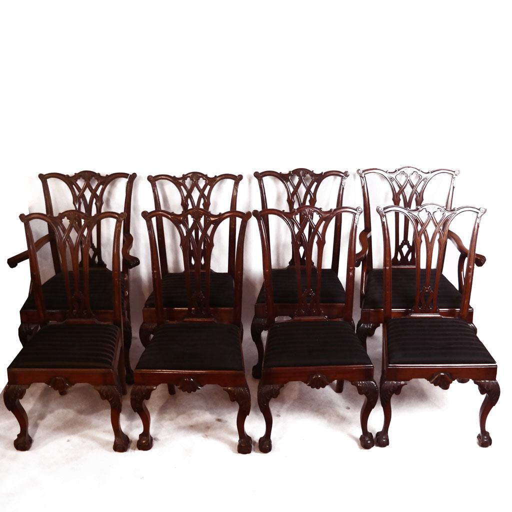 Set of 8 American Dining Chairs: Set of 8 American dining chairs on carved ball and claw feet. [Carvers: 41" H x 29" W x 22 1/2" D]. Arms to carvers loose.