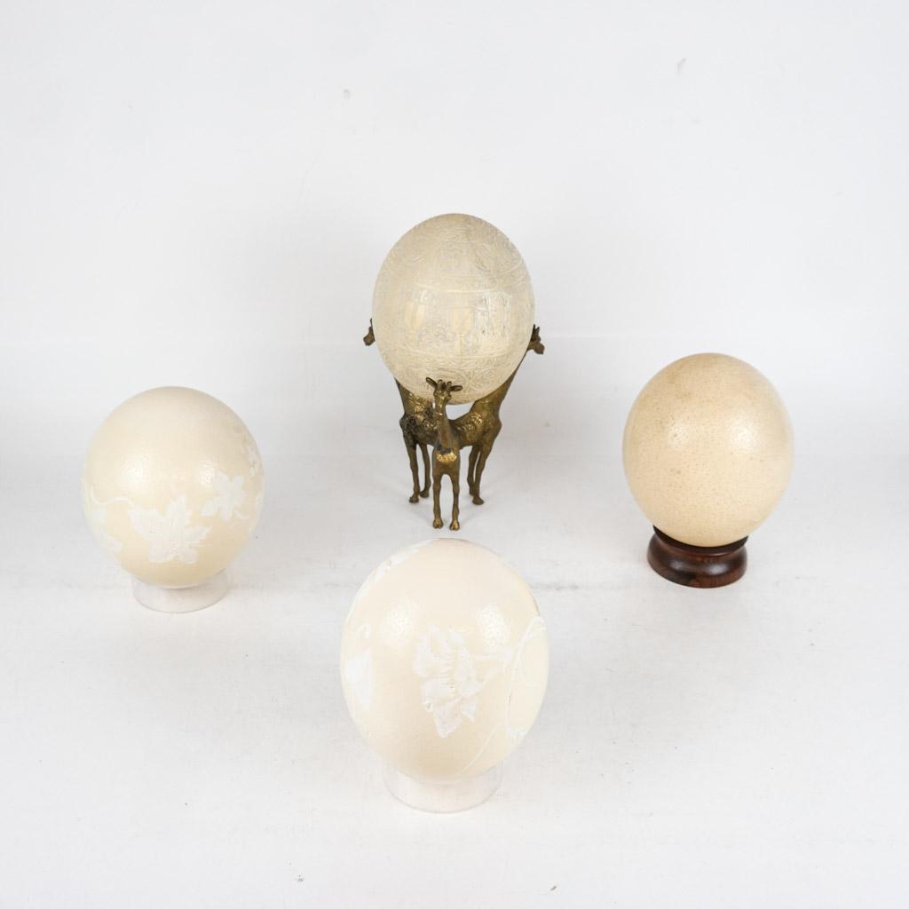 4 Ostrich Eggs: 3 Carved with Stands (1 of 8)