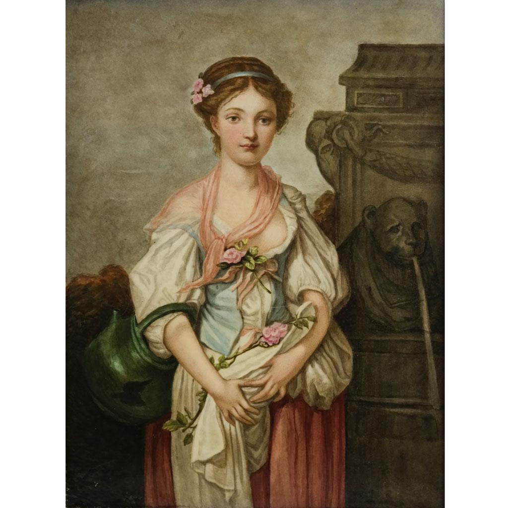 Portrait on Porcelain of a Young Girl, 1884: Portrait on porcelain of a young girl dressed in formal outdoor garb with flowers and pail standing next to a fountain; titled to rear: "Miss Cohen, December 1884". No visible factory marks, probably 