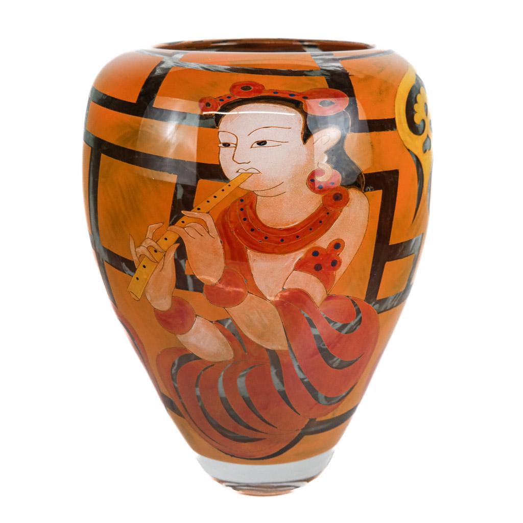 Ada Loumani Art Glass Vase: Ada Loumani art glass vase internally decorated with Southeast Asian musicians, bearing etched signature to base. [15" H x 11 3/4" Diam.]. Some small internal bubbles; light abrasions and wear.
