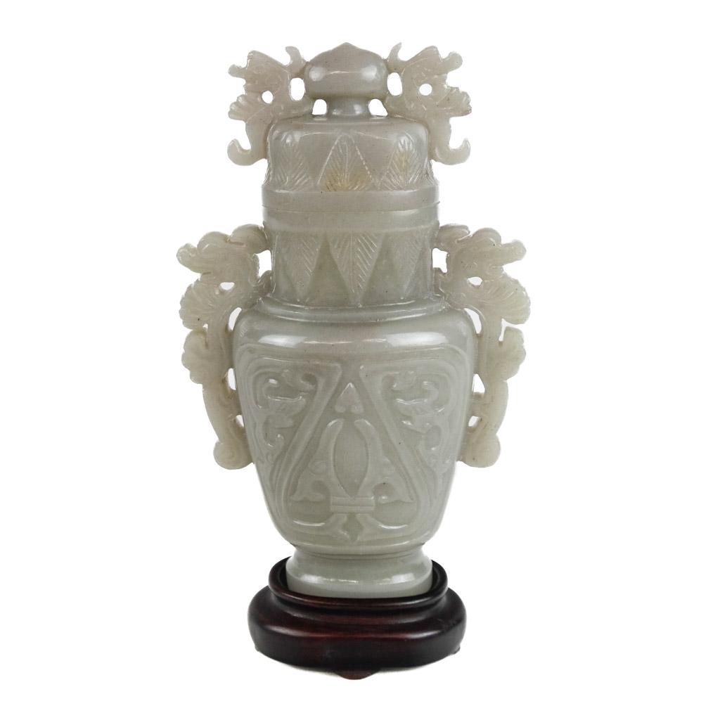 Celedon Carved Chinese Nephrite Jade Vase (1 of 10)
