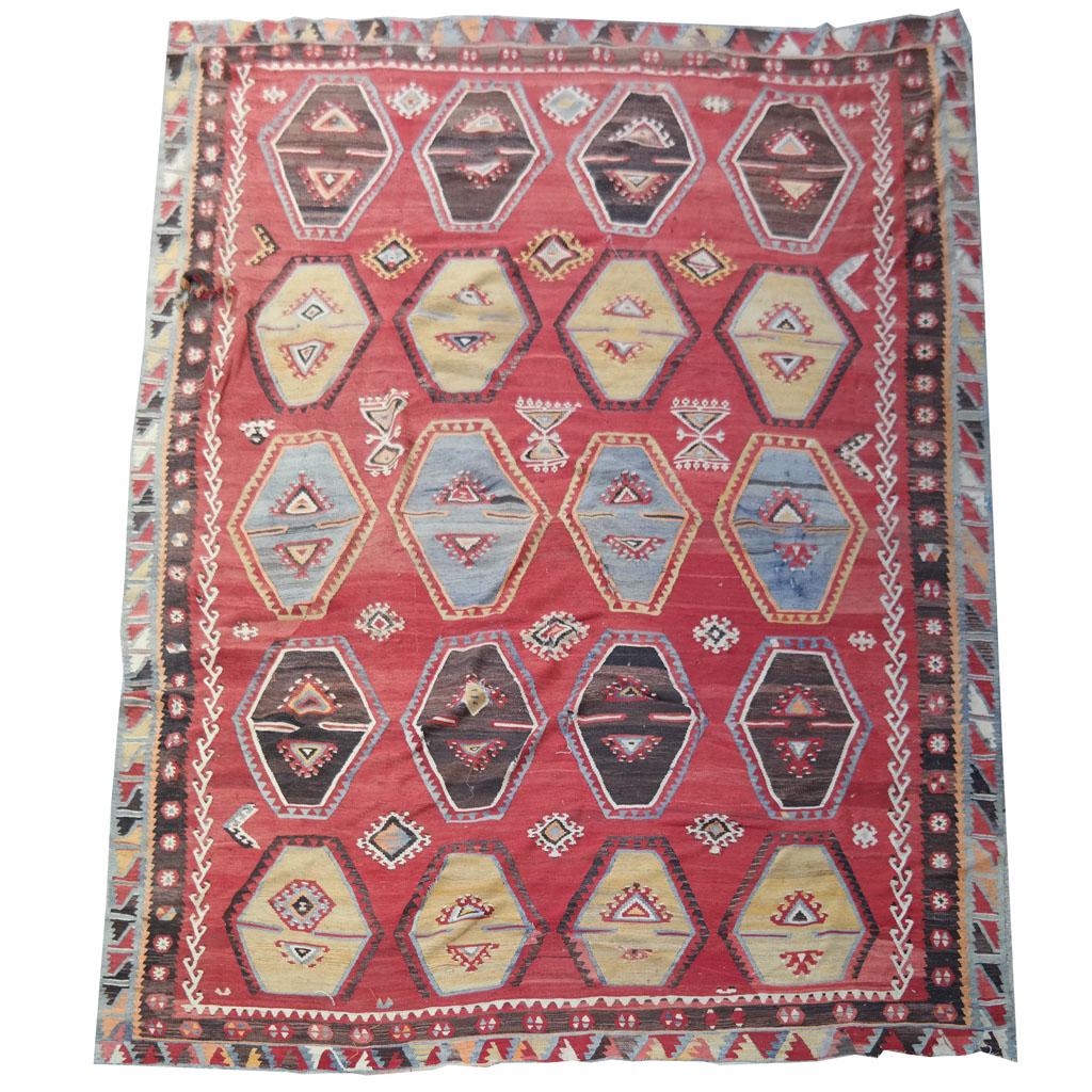 Vintage Turkish Kilim: Vintage Turkish kilim. [136 x 103 inches]. Wear and damage, see photos for condition. Located @ 90 Pratt oval