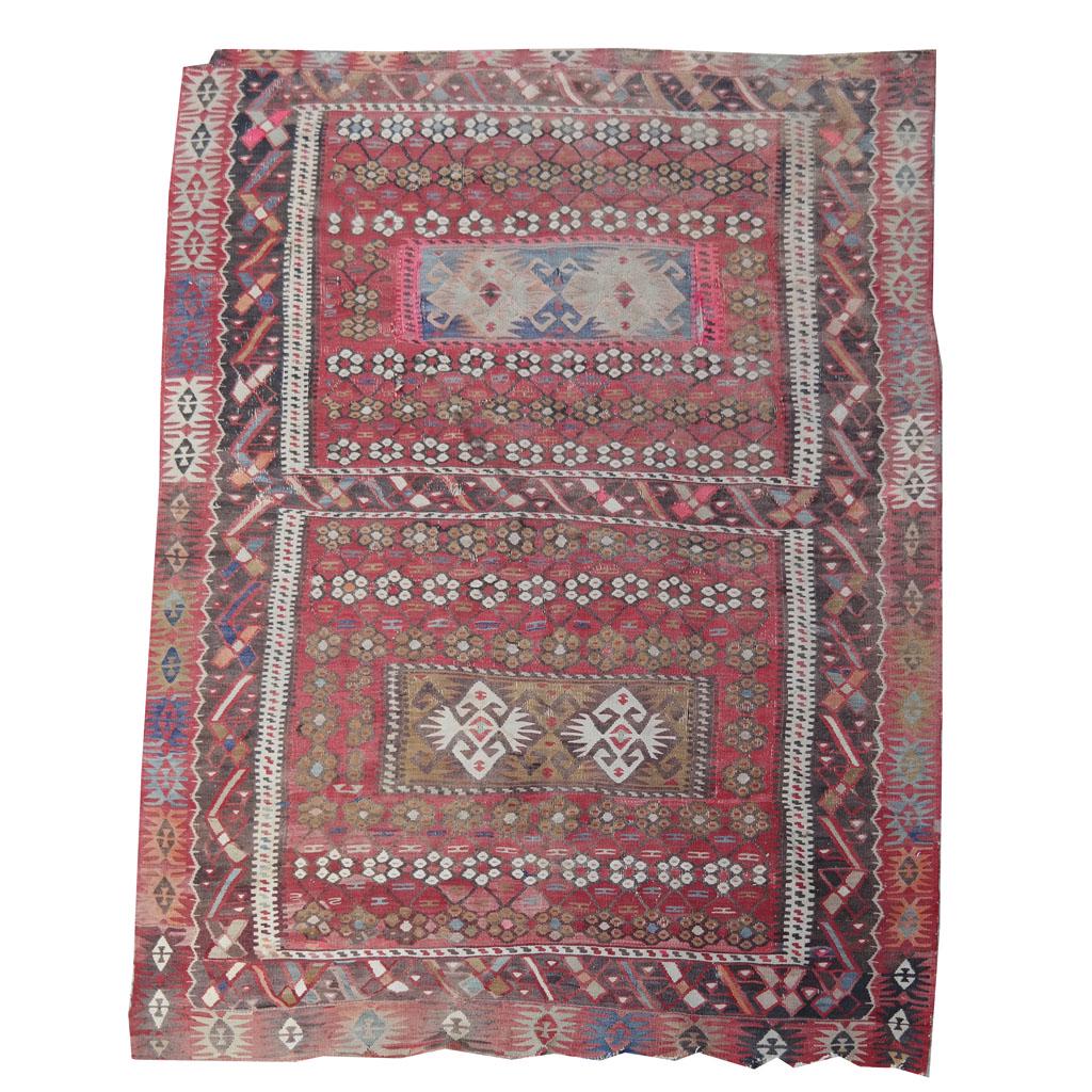 Vintage Turkish Kilim: Vintage Turkish kilim. [101 x 69 inches]. Heavy wear and damages. See photos for condition. Located @ 90 Pratt oval