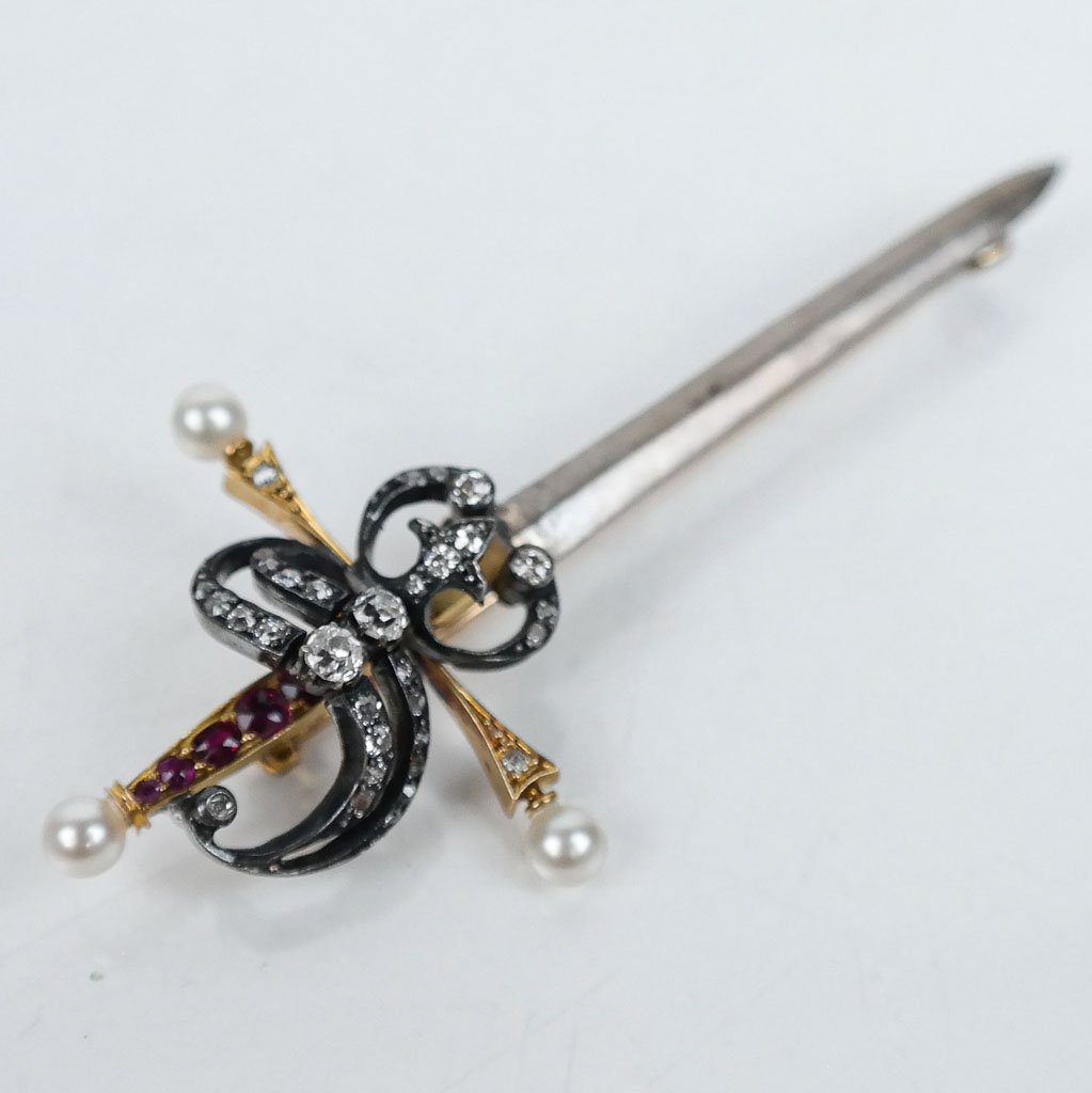 14K Gold, Silver, Pearl, Diamond & Ruby Pin (1 of 5)