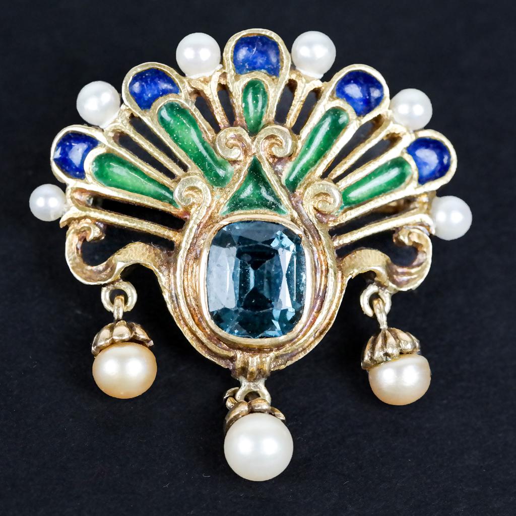 18k Yellow Gold Vintage Pin, Aquamarine & Pearls (1 of 6)