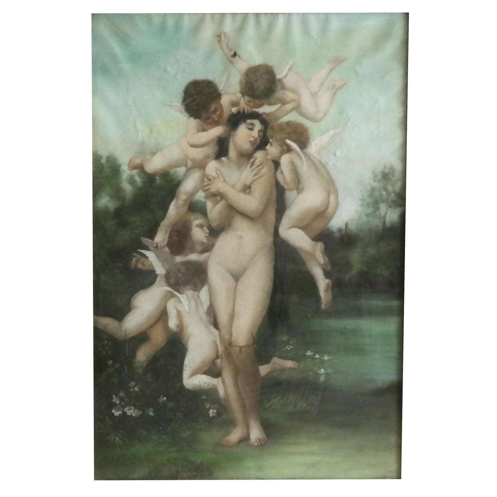 R.A. FULMER: Portrait, Woman and Cherubs: Framed allegorical scene of a nude woman and cherubs. [Art: 35 1/2" x 23 1/2"; Frame: 42 3/4" x 31"]. Damages.
