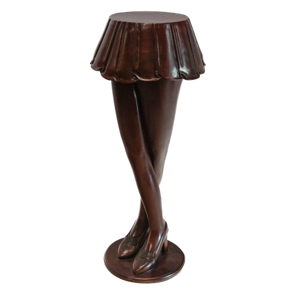 Whimsical Dancer's Legs-Style Pedestal Stand: Whimsical carved hardwood pedestal stand, modeled as a dancer's skirt and legs, possibly inspired by Degas. [37" H x 16" Diam.]. In good condition with typical marks and wear.