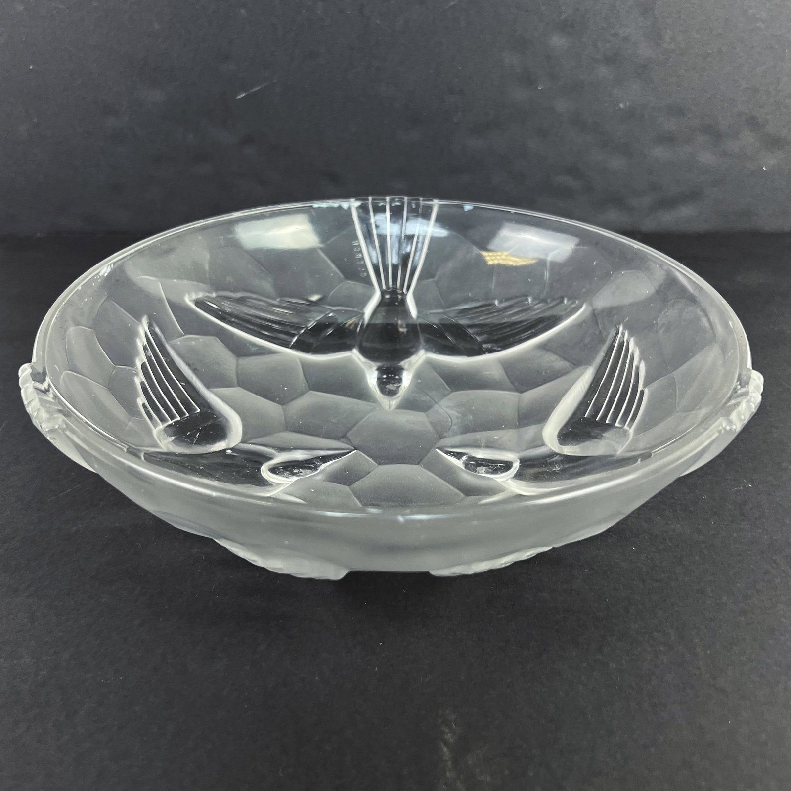 David Gueron French Art Deco Glass Bowl: David Gueron French Art Deco glass bowl, circa 1930, with relief bird details, signed to base. [3 1/8" H x 11 Diam.]. Residue; light scuffs and wear.