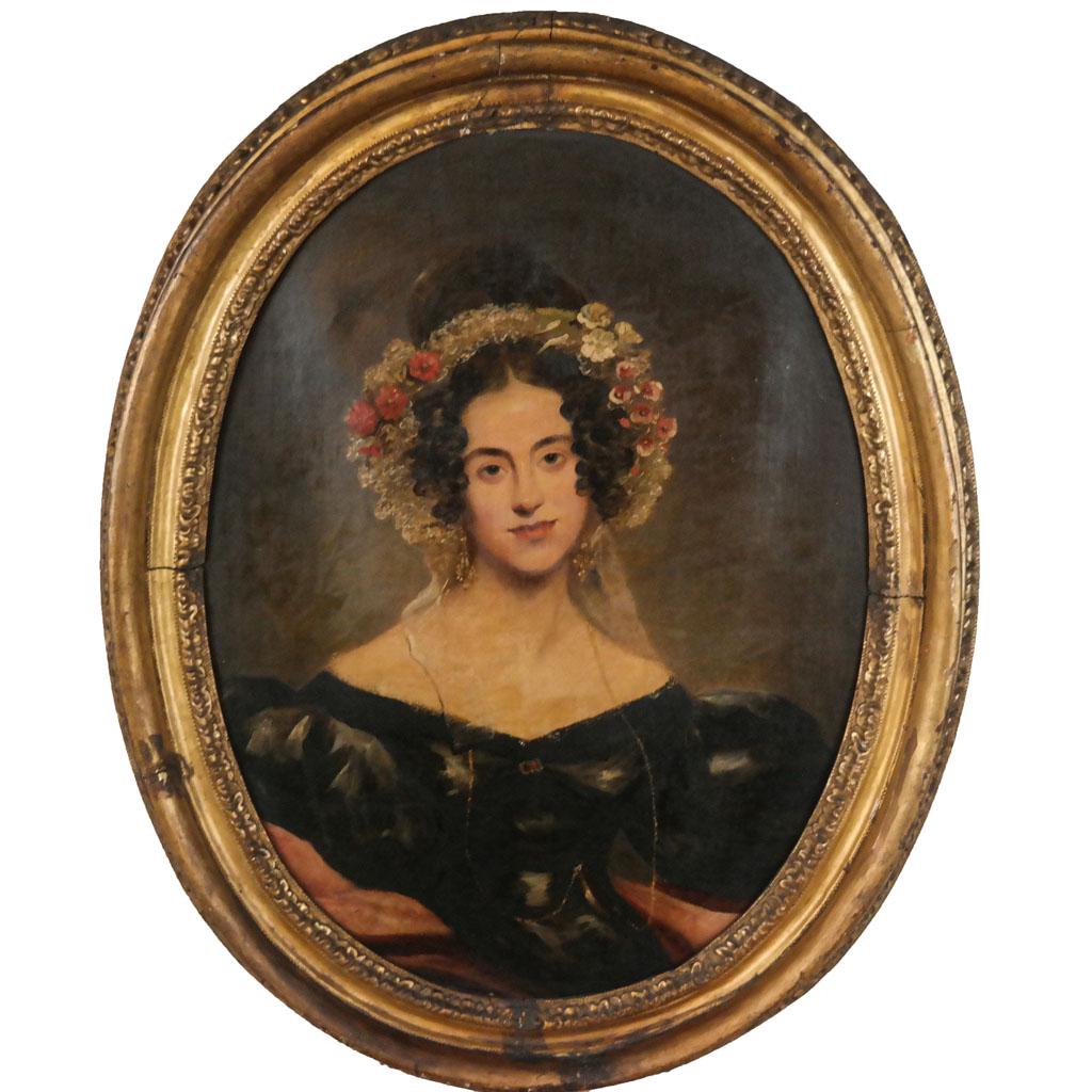 Unsigned 19th C. Oval Portrait, Woman Headdress (1 of 6)
