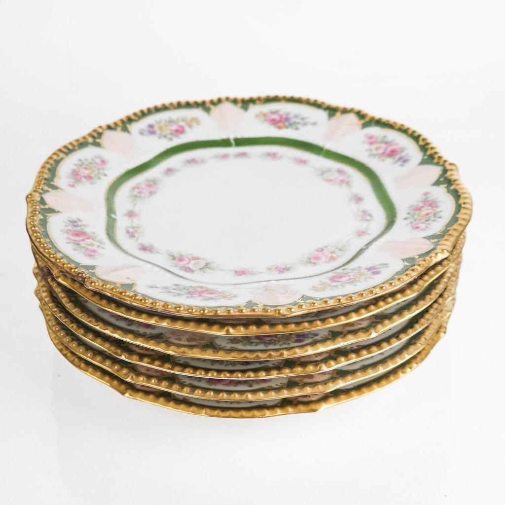 6 French-Made Dinner Plates for R. Briggs, Boston: Six French-made fine quality gilded and floral decorated porcelain dinner plates for R. Briggs of Boston, MA, importer and retailer on Newbury St., circa 1926. [9 1/2 diam. x 1 inches]. Minor wear to