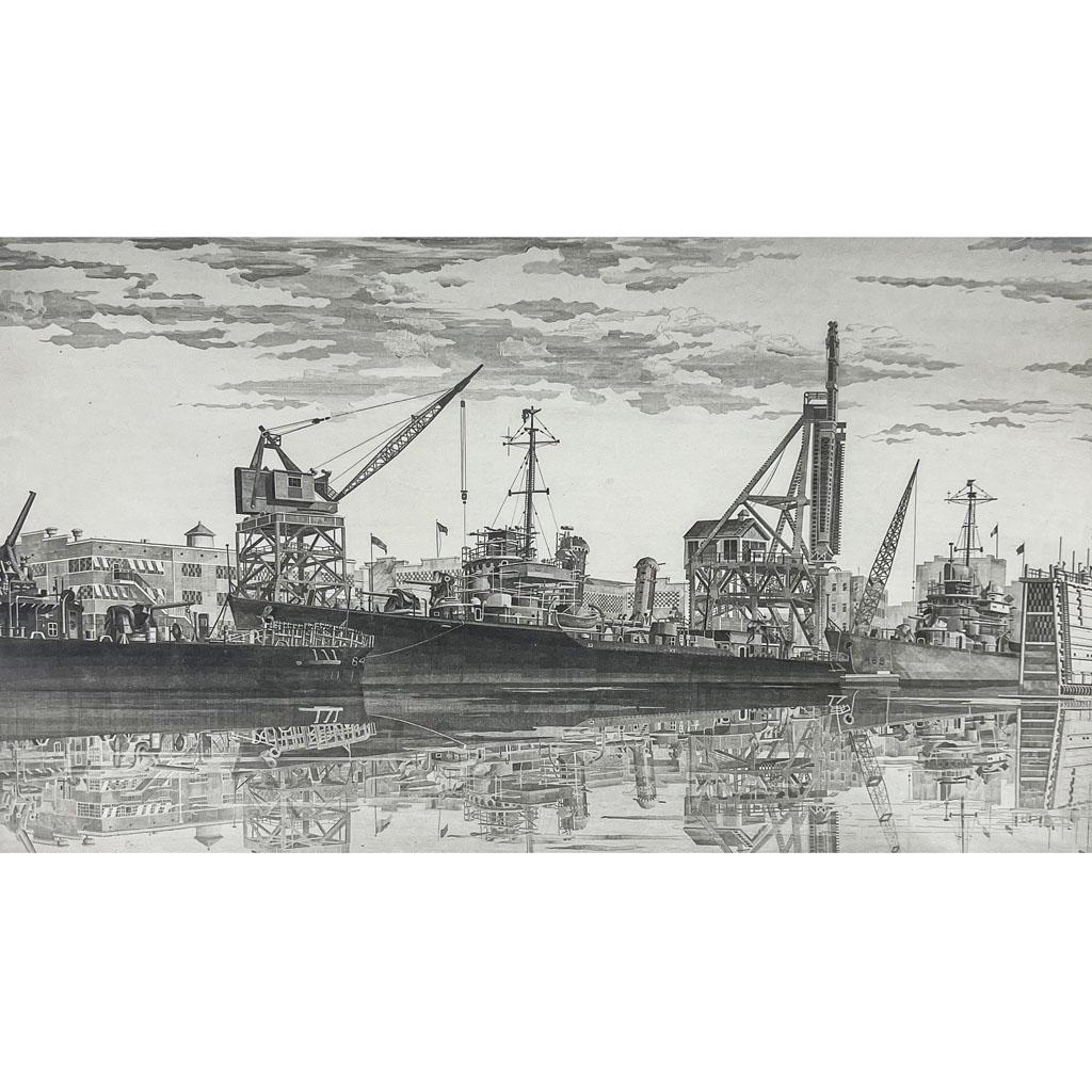 John T. ARMS: "Destroyers.." - Etching & Aquatint: John Taylor Arms (American, 1887-1953) etching and aquatint titled "Destroyers in Wet Basin, S. Kearny, NJ," pencil signed and dated "1943" to lower border. Collection of C. John Taylor, with Arms 111