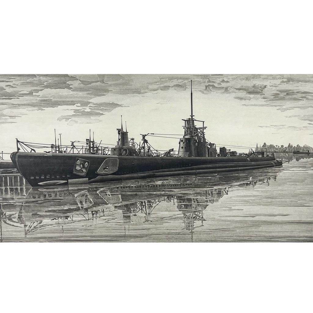 John T. ARMS: "USS HADDO.." - Etching & Aquatint: John Taylor Arms (American, 1887-1953) etching and aquatint titled "USS HADDO (SS-255)," pencil signed and dated. Collection of A. Dorothy, 1947. Noyes Arms and Estate stamp Third State III, impressio