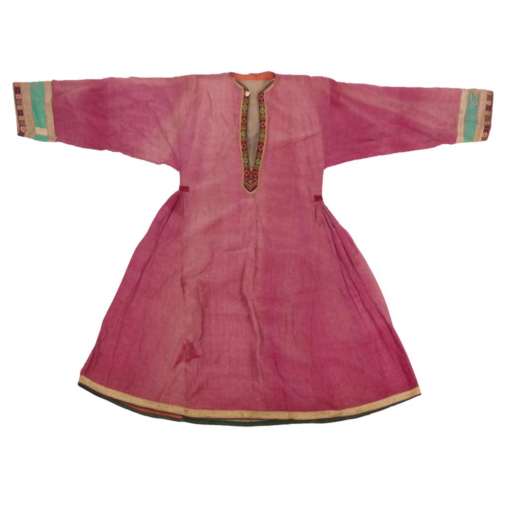Vintage Ethnic Garment / Robe: Faded maroon fabric robe-type garment, with gilt-accented and needlepoint colorful trim, of unknown origin. [49" H x 61" W].