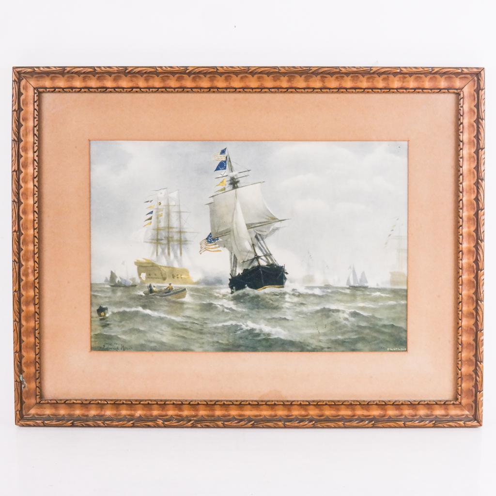 After Edward MORAN: Maritime Digital Poster: After Edward Moran (English/American, 1829-1901) digital poster, of maritime / nautical interest, "First Recognition of the American Flag by a Foreign Government 1778". [Frame: 13 1/2" H x 17 1/2" W].