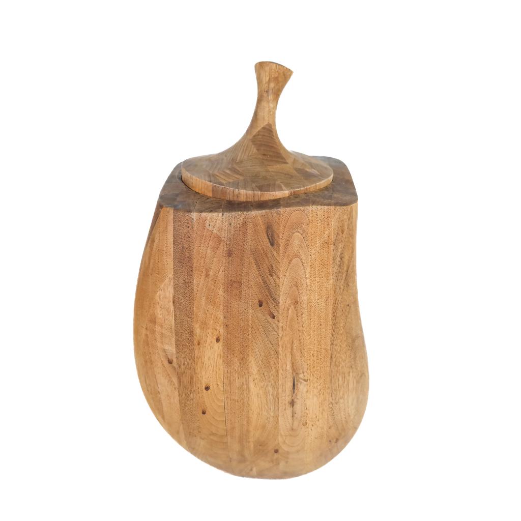 Mid-Century Modern Teak Wine Cooler: Mid-century modern teak wine cooler modeled as a fruit with stem-form lid, the interior with a metal liner. [15 1/2" H x 8" W x 8" D]. Scattered small stains and scuffs.