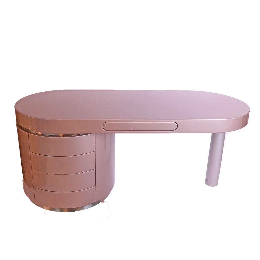 Contemporary Grey Lacquer Desk: Contemporary grey lacquer desk with column support and side drawers. [29" H x 72" W x 30" D]. Some marks and losses to finish; scuffs and abrasions.