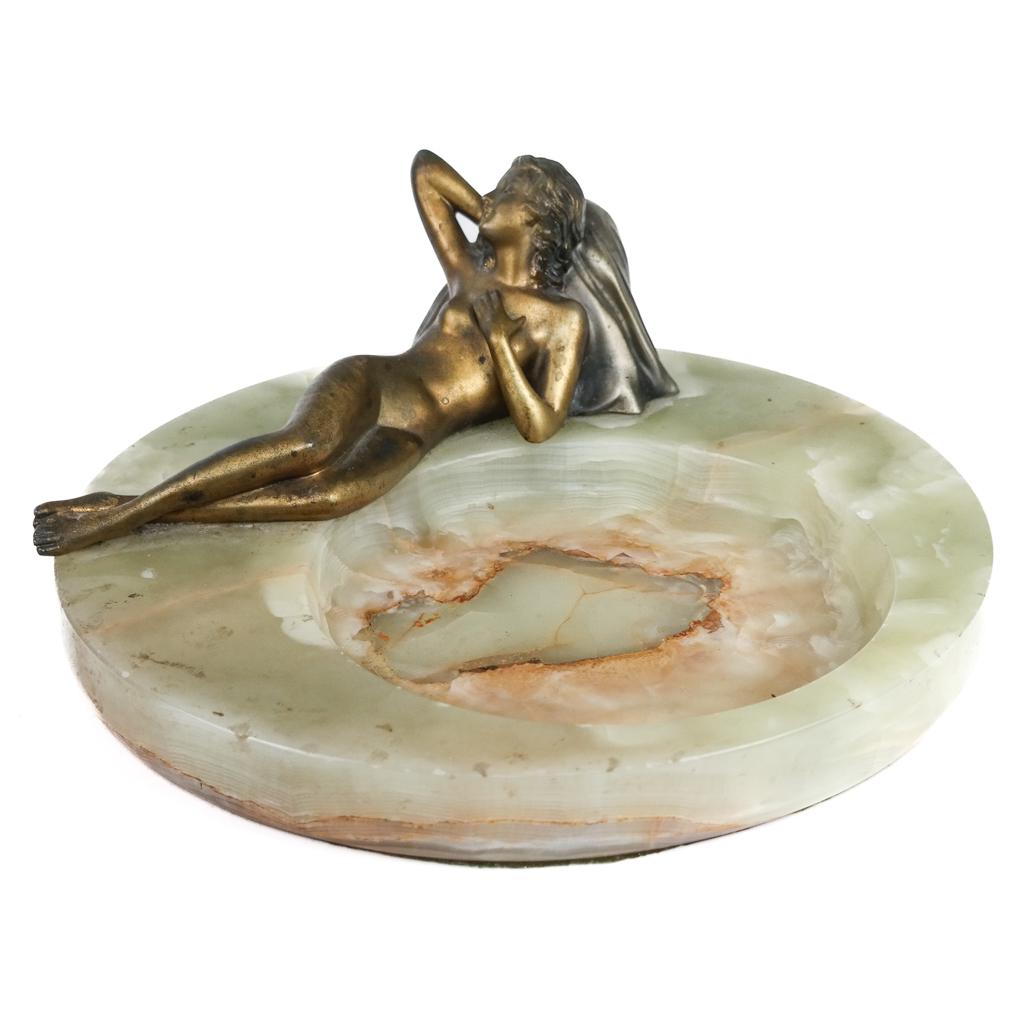 Austrian Art Deco Gilt Metal & Onyx Dish: Austrian Art Deco gilt metal and onyx dish, in the manner of Josef Lorenzl (1892-1950) modeled as a reclining nude woman, possibly an ashtray, marked to back. [5" H x 12 1/2" Diam.].