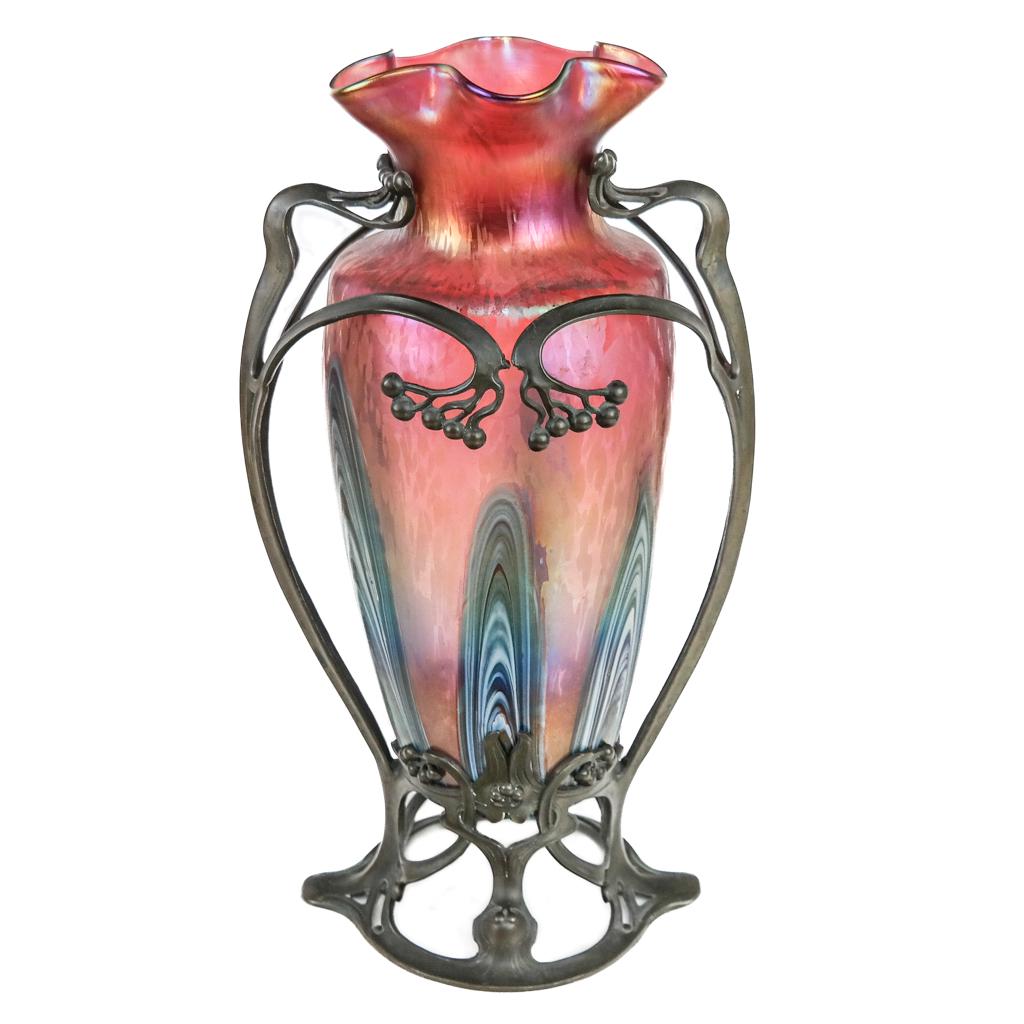 Large Art Nouveau Metal-Mounted Glass Vase (1 of 7)