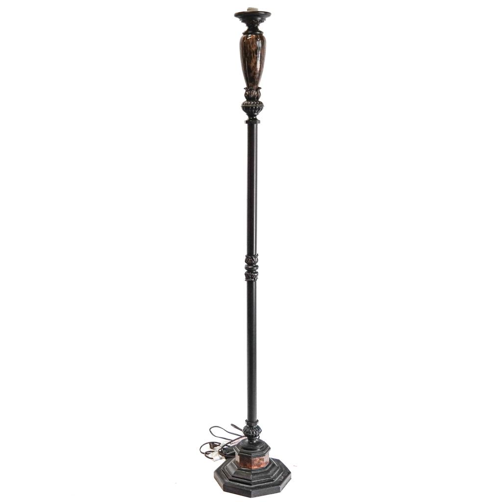 Modern Floor Lamp: Modern floor lamp with faux-tortoise and scrolling details. [67" H x 11" Diam.].