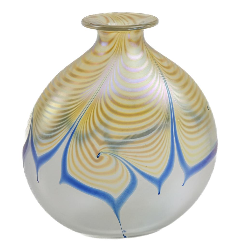 Iridescent Glass Flask/Vase, Signed: Iridescent glass flask or vase, signed, 20th century, with meandering iridescent and blue decoration, signed to base "Conee(II)n(?)" and "VLSCL 5.81.6". [8" H x 7" W x 3" D]. In good condition.