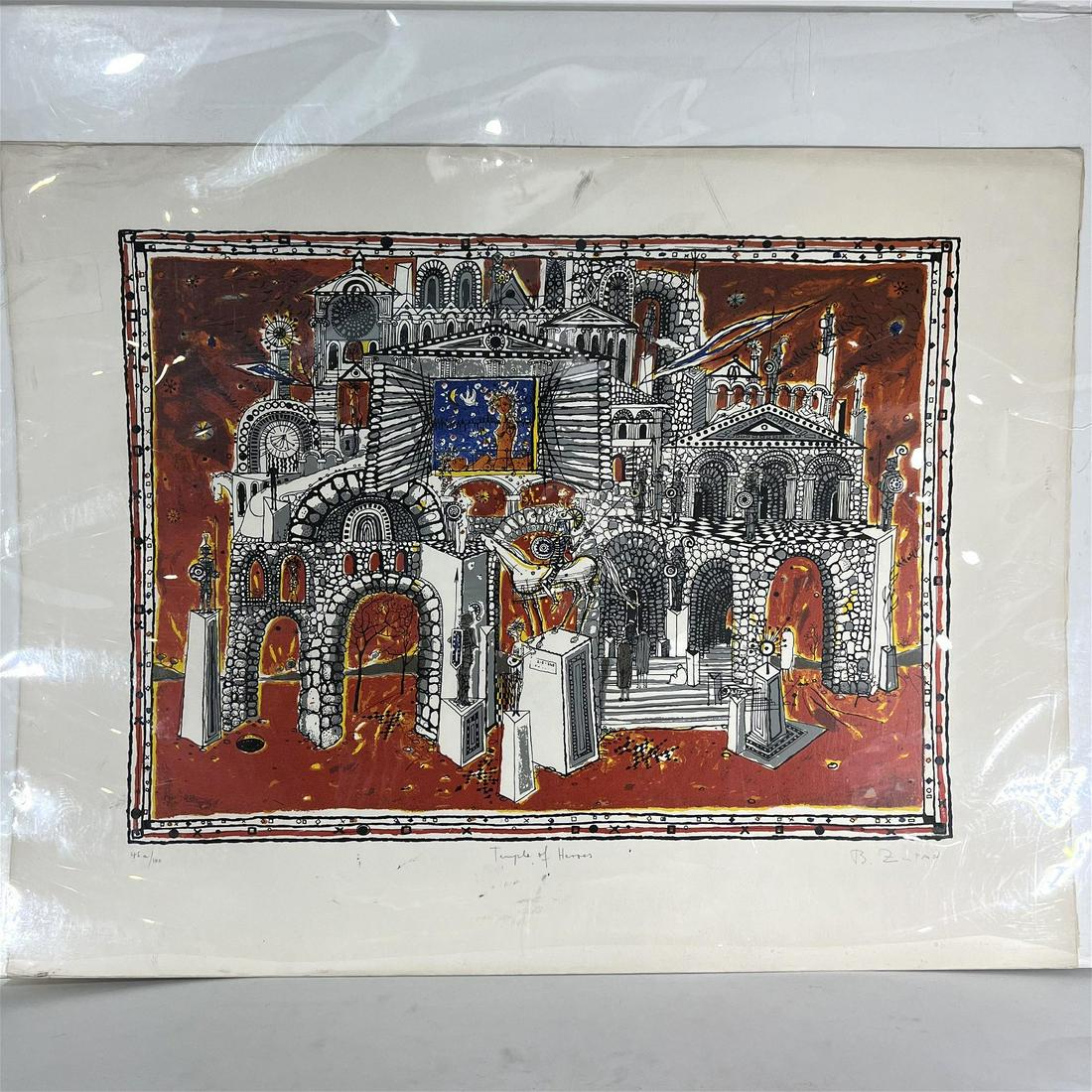 Bruno ZUPAN: "Temple of Heroes" - Lithograph: Bruno Zupan (Slovenian-American, b. 1939) lithograph on rag paper titled "Temple of Heroes," signed in pencil, titled, and numbered "45/100". Provenance: Phyllis Lucas Gallery, NYC. [28" H x 36" W]. T