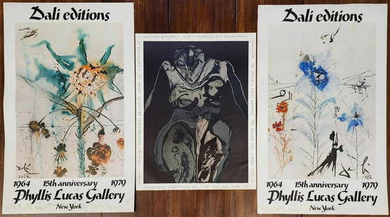 3 Vintage Phyllis Lucas Gallery Exhibition Posters: Lot of three posters comprises: 1) Pair of 1979 Salvador Dali 15th Anniversary posters [Each, overall: 38.875" H x 23.25" W"]. Light toning, water stains and margin defects, and 2) 1973 Lee Waisler po