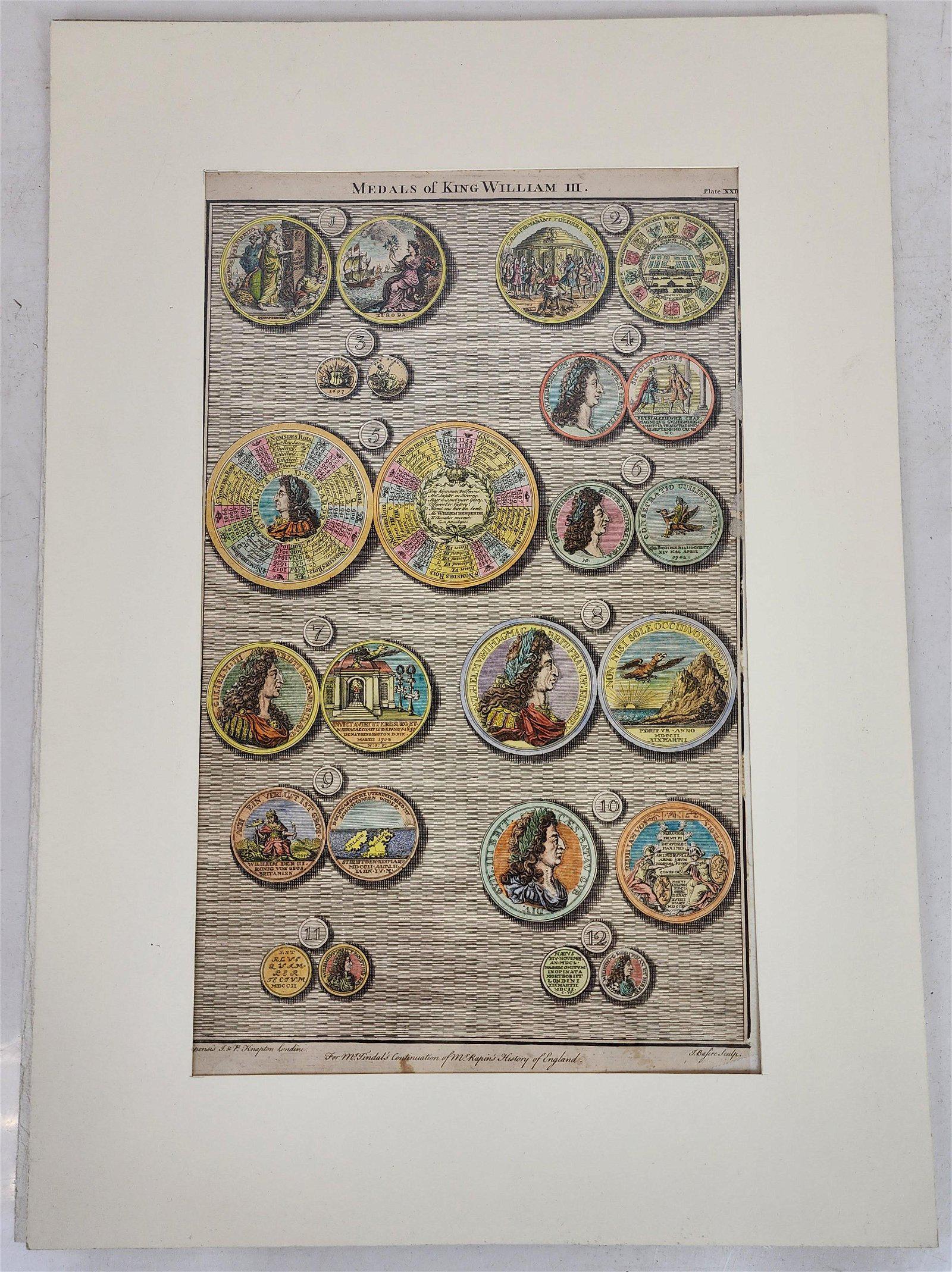 Isaac BASIRE: "Medals of King William III" (1745): 18th century hand-colored engraving on laid paper depicting 12 medal designs (obverse and reverse) by Isaac Basire (French-English, 1607-1676), from the book "For Mr. Tindal's Continuation of Mr Rapin