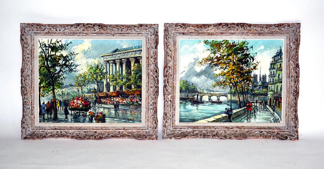 M. Bazle 1959, Pair of Oils on Canvas: Framed oils on canvas, each of Paris street scenes by M. Bazle, 1959. Good condition. Art: 19.5" x 24"