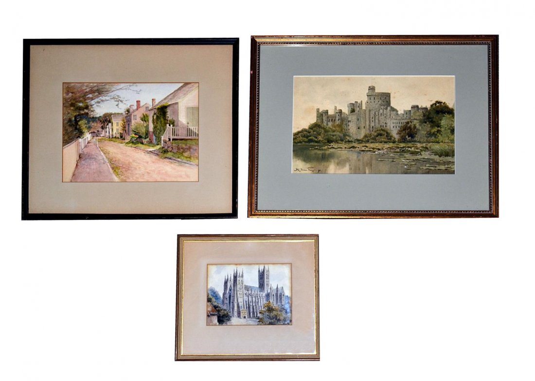 Jane Brewster Reid Watercolor & Others: Depicts a New England village lane. Signed "J.B. Reid" at lower right (on image). Art: 9" x 11 1/2". Frame: 16 1/4" x 18 1/2". In good condition. Accompanied by two European watercolor architectural s