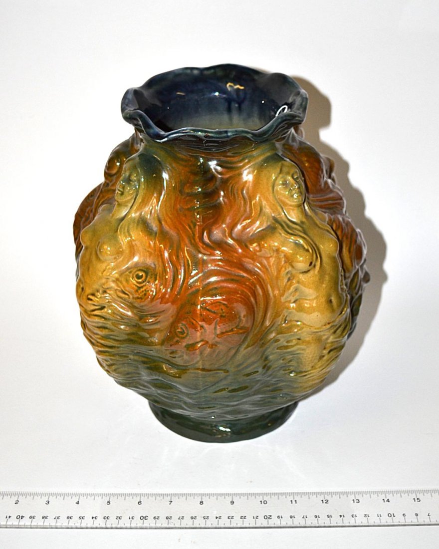 Vance Faience Art Nouveau Vase: Multicolor glazed vase with high relief mermaid figures among marine life. Marked on bottom "Vance / F. Co / M / 118." In excellent condition.