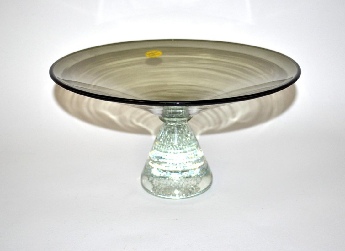 Erickson Art Glass Garniture Set: Comprises a footed centerpiece bowl and a pair of candlesticks. All three feature clear bases tapering toward top with controlled inclusive air bubbles and smoked glass tops. Candlesticks: 5 /4" H, fo