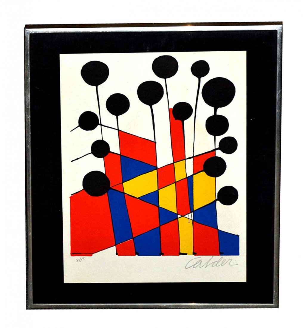 Alexander Calder 1898-1976 American: Framed lithograph, artist proof by Calder on a black mat. Art: 10 1/2" x 14".