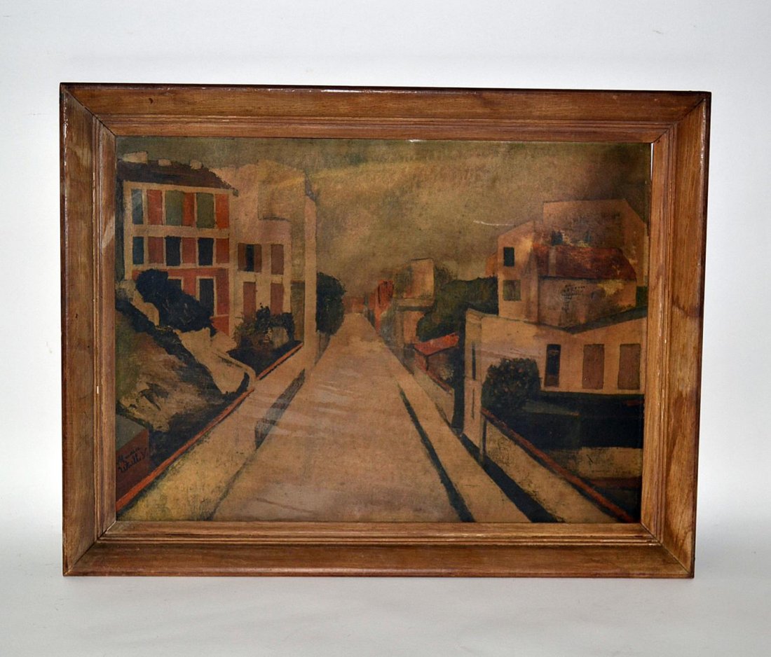 Print After Maurice Utrillo, Street Scene: Water damage and staining, as is. Art: 16" x 23", Frame: 20 1/2" x 26 1/2".