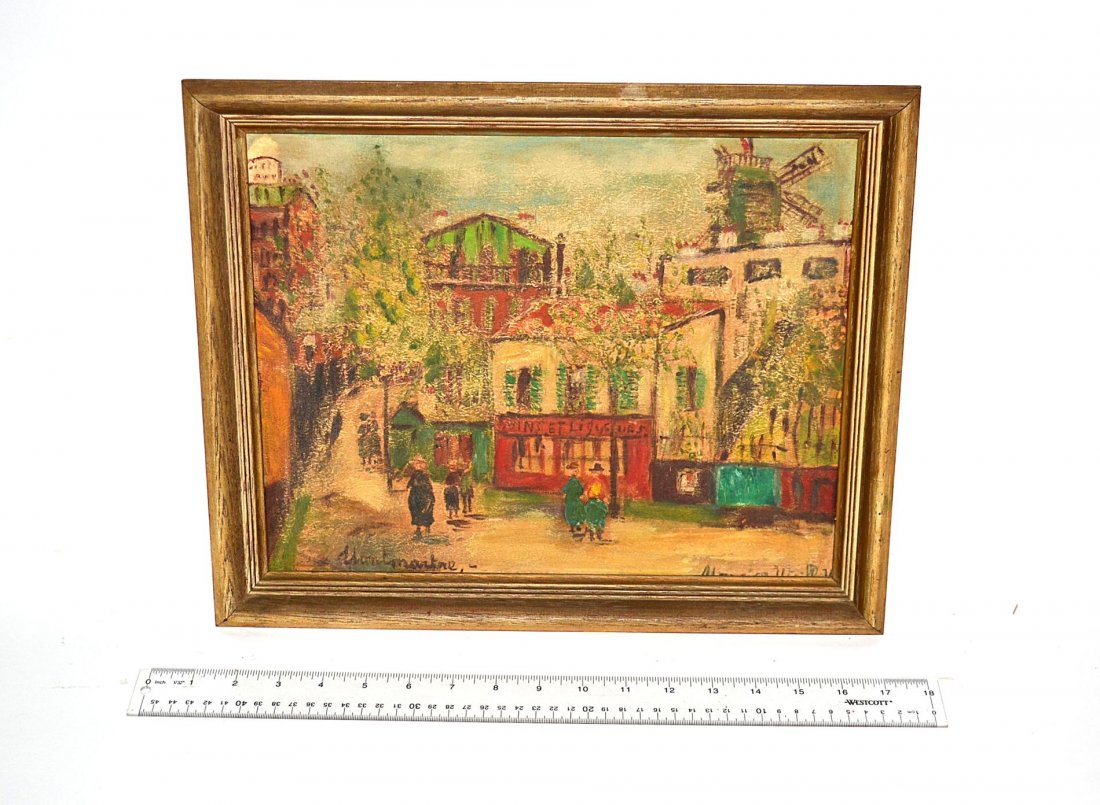 Embellished Print After Maurice Utrillo: Parisian street scene. As is. Worn surface. Art: 11" x 14". Frame: 16" x 13".