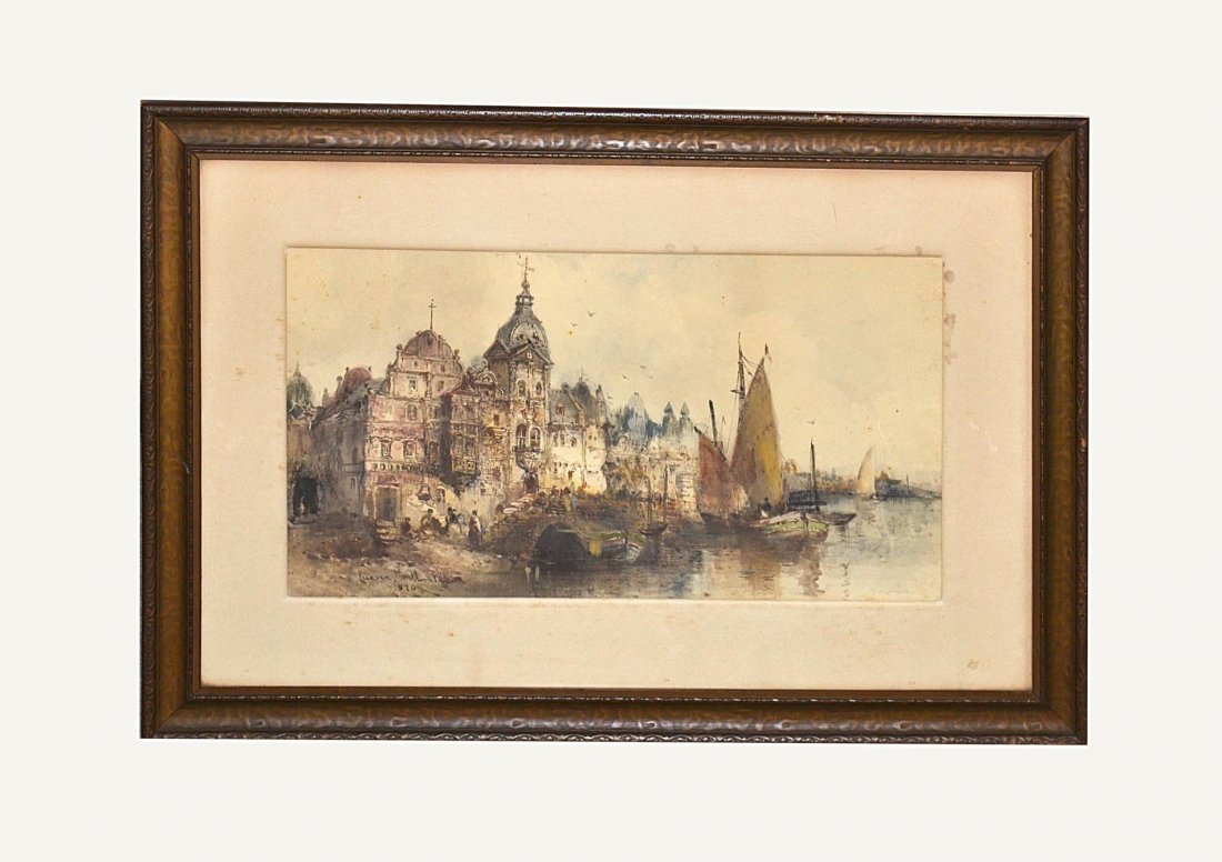 Lucian Whiting Powell, View of Dutch City Harbor: Watercolor signed bottom left "Lucian Whiting Powell / 1890." Light age-toning and two punctures at left edge. Art: 12" x 22 1/2", Frame: 22 1/4" x 32 1/2".