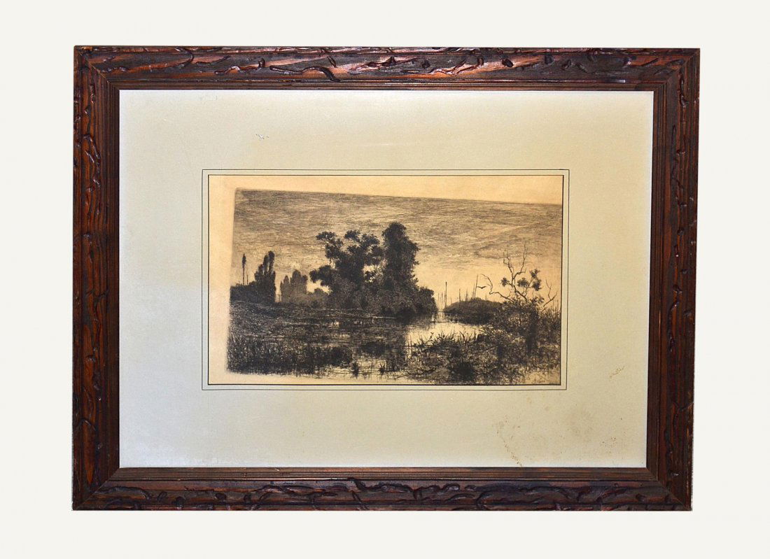 Stephen Parrish A. P. Print: Riverscape titled "Evening on the Schroon River", signed in bottom right margin "Stephen Parrish" in pencil and again in plate with date: 1890. Age-toning, otherwise good condition. Art: 15" x 8", Fra