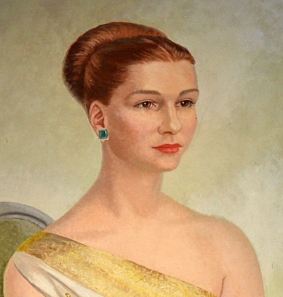 Charles Baskerville, 1896-1994 American: Oil on canvas, unframed, depicting an elegant woman wearing an evening dress. Inscribed on verso "Mrs. John McKenzie Jr. 1952." Signed lower left Charles Baskerville." Minor scuffs, worn at edge. Imag