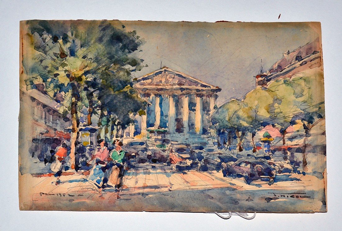 J. Nicol, Paris 1952: Unframed watercolor Les Boulevards De Paris. 6.25" x 8.75"