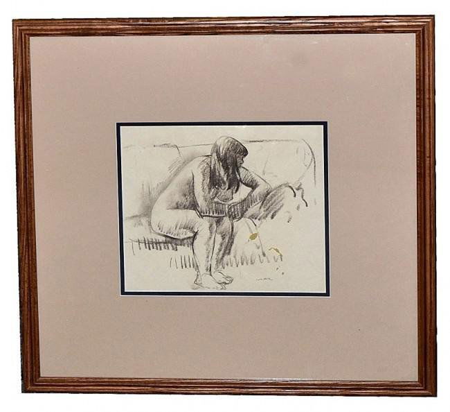 Leon Kroll Charcoal on Paper, Seated Nude: Charcoal on paper drawing depicting a seated female nude. Signed bottom right, "Leon Kroll." Image: 10.5" x 11.5", double matted and contained under glass in an oak frame, 23.75" sq. In excellent cond