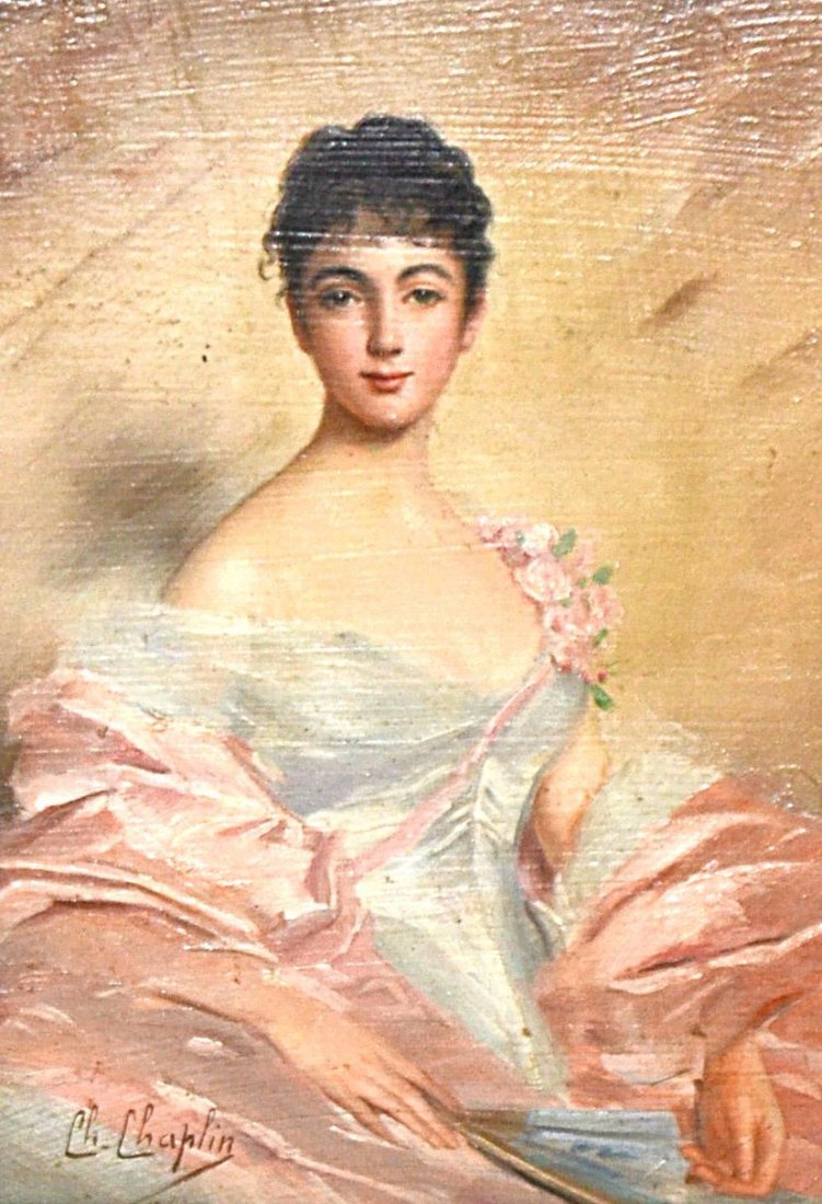 Oil on Board After Charlie Chaplin: Oil on board portrait depicting a young woman, full profile pose. Inscribed lower left "Ch. Chaplin." Art: 5 3/4" x 8 1/2". Frame: 11" x 13 3/4". Losses to frame.