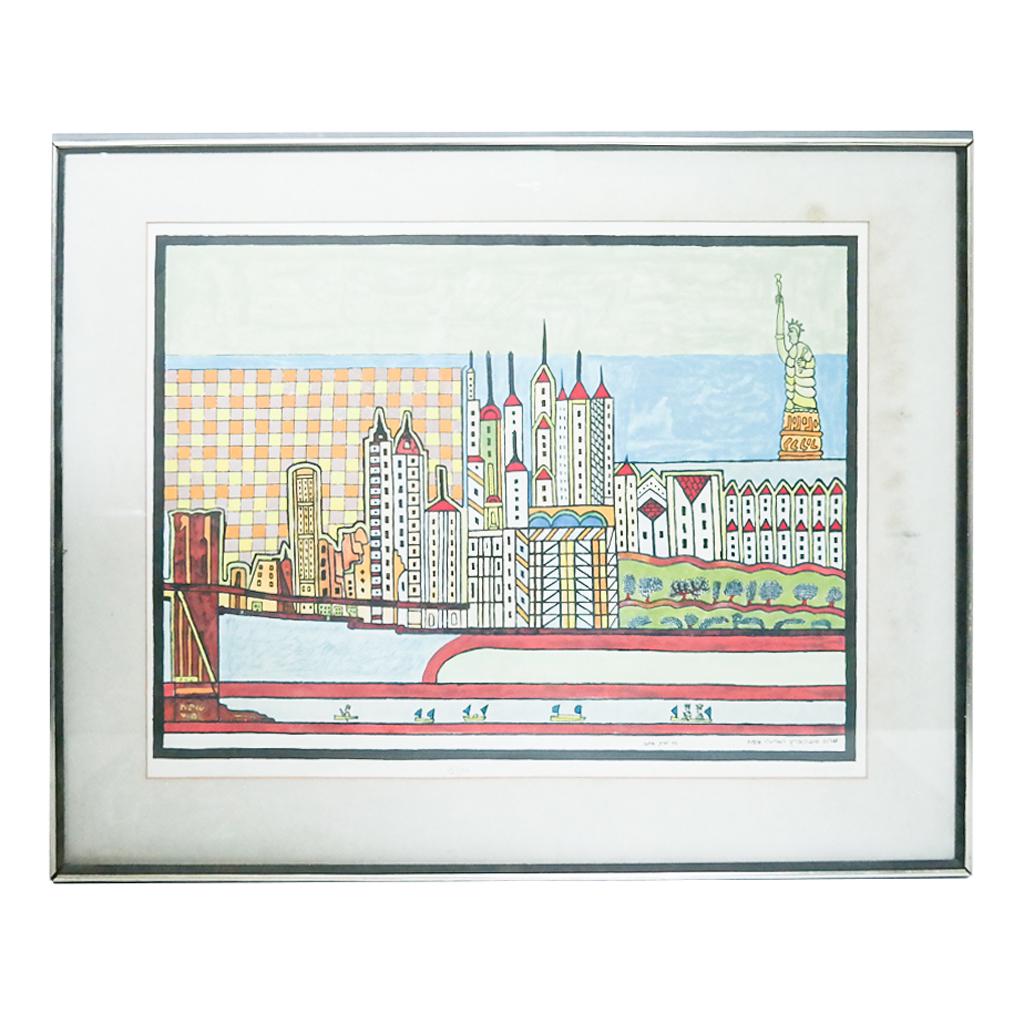 Shalom MOSKOWITZ: NY Skyline - Lithograph: Shalom Moskowitz (Shalom of Safed) lithograph, a colorful view of the New York skyline with skyscrapers, including the Statue of Liberty and small boats, titled verso and dated 1968, bearing label for