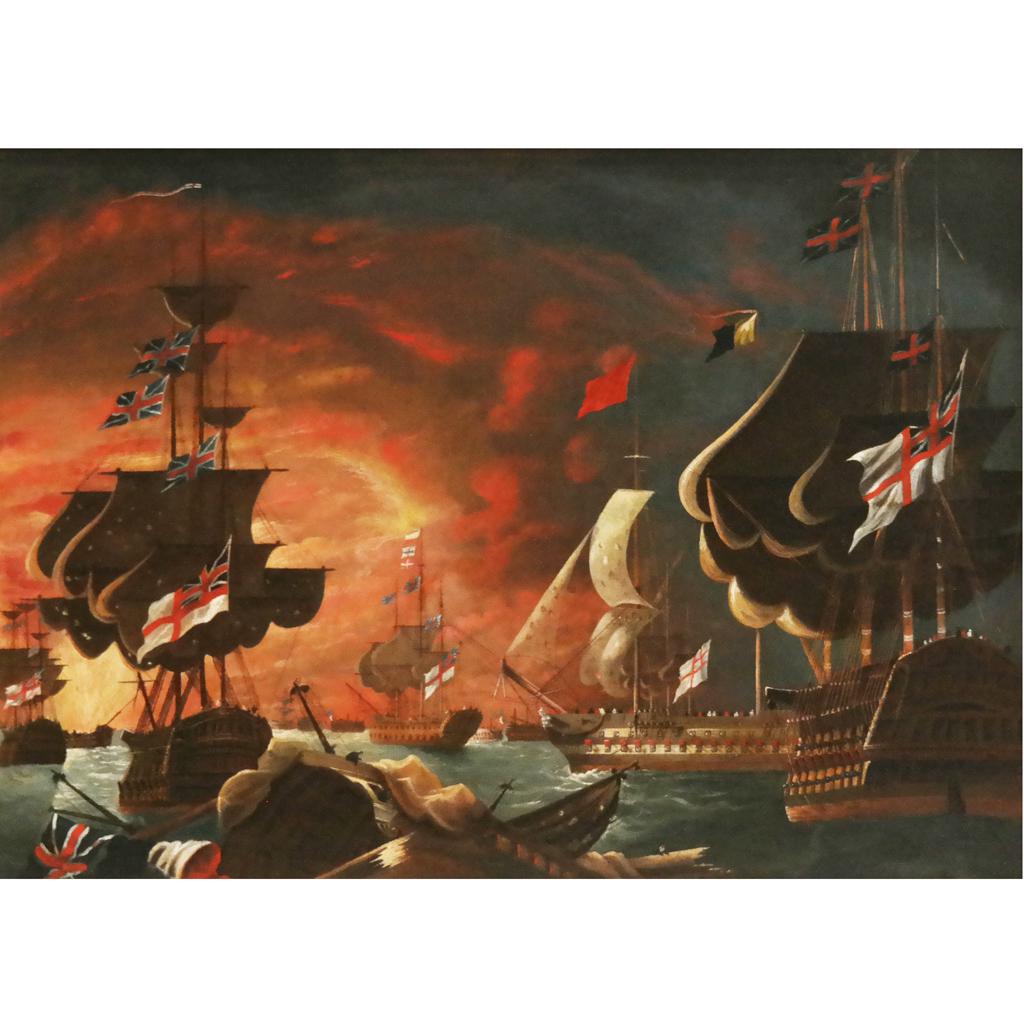 After J.S. COPLEY: Battle Scene - Painting: After John Singleton Copley (American, 1738-1815) naval / maritime battle scene, possibly the "Great Siege of Gibralter", with ships flying historical British flags, including the Union Jack, English