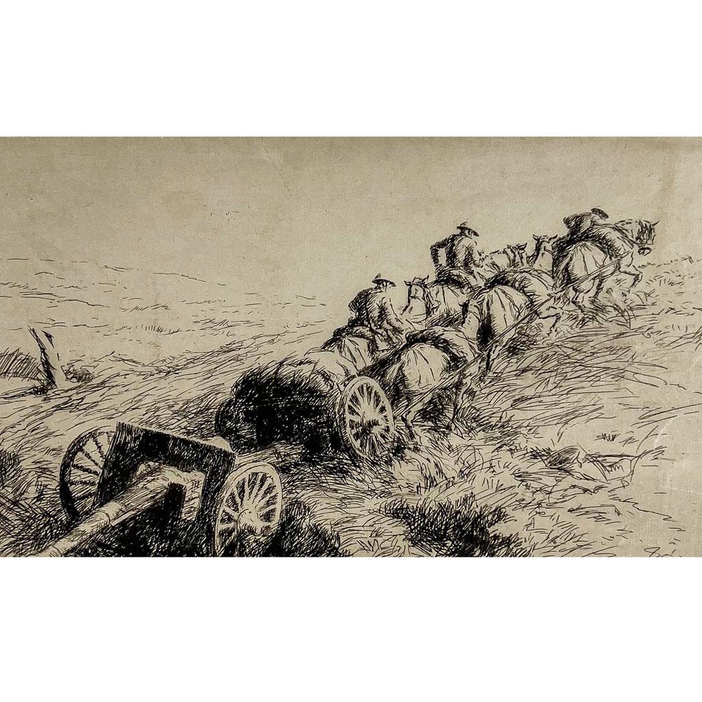 Kerr EBY: "In the Open" - Etching: Kerr Eby (Canadian, 1889-1946) etching depicting World War I "Dough Boys" leading a team of horse pulling a caisson and canon through a grassy pasture, titled "In the Open". Signed bottom right in pen